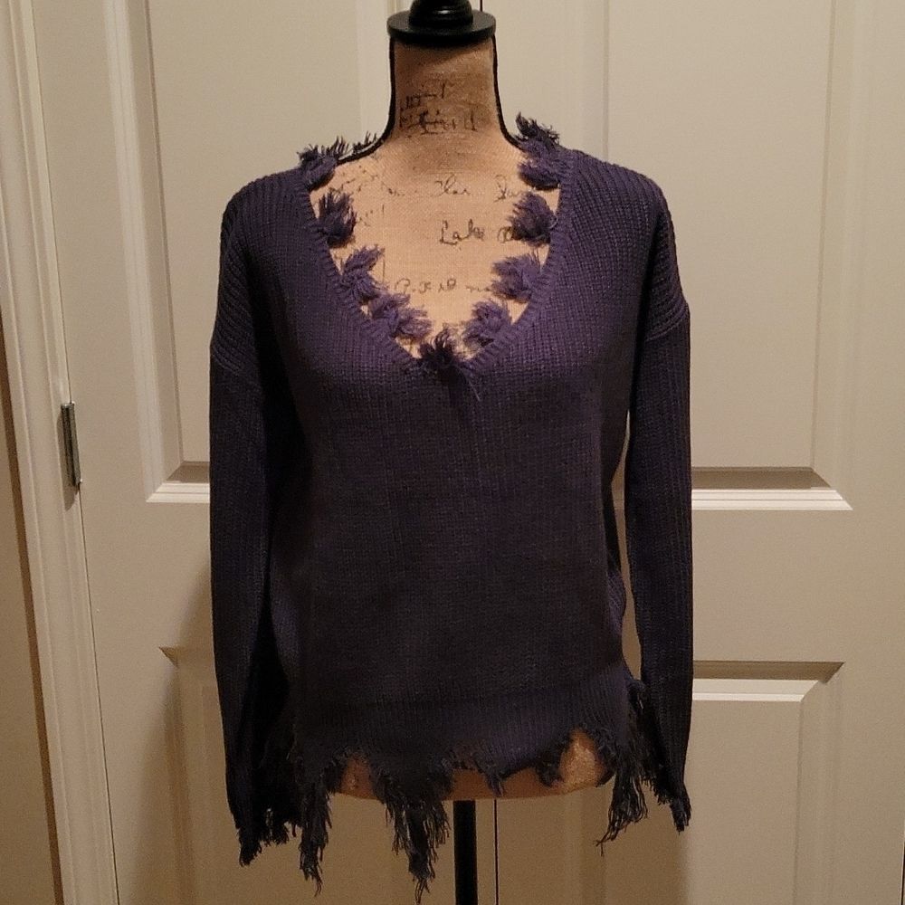 NWT Woman's Navy very feminine distressed  sweater with jagged edges